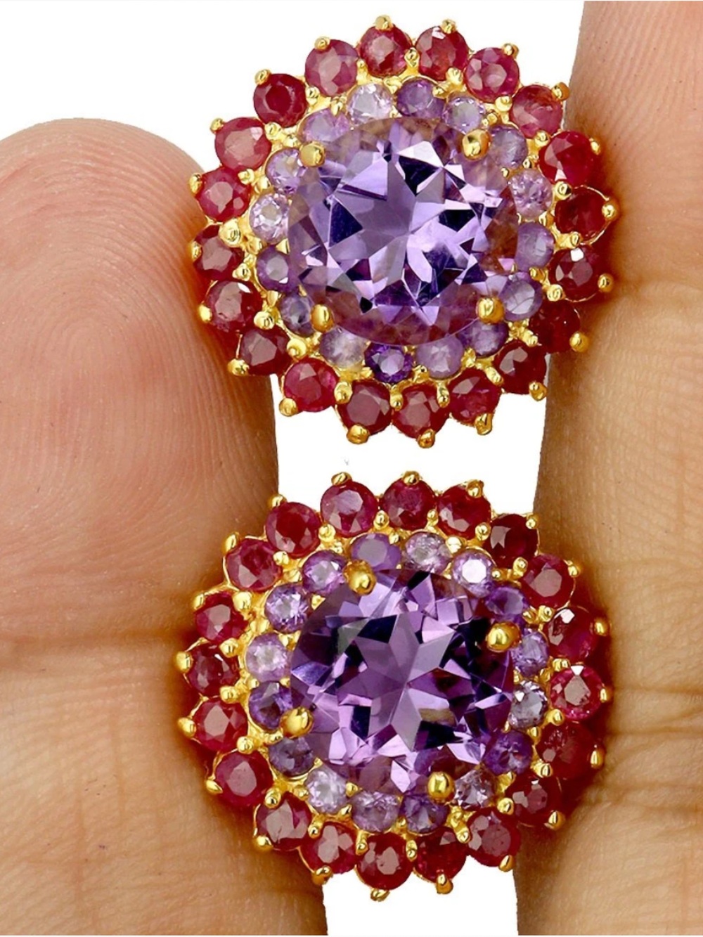 14K / 925 yellow gold amethyst ruby Stud Earrings big genuine